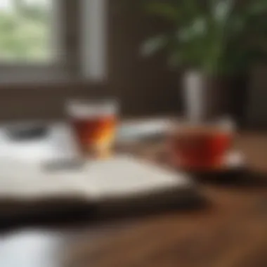 Reflective Practices A close-up of a journal with a pen, notes on meditation, and calming tea