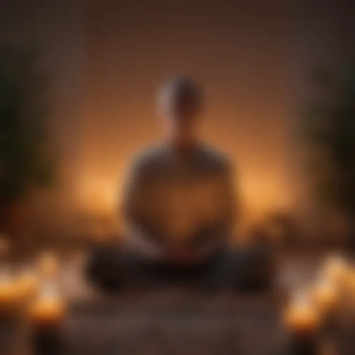 A person meditating in a peaceful setting surrounded by candles