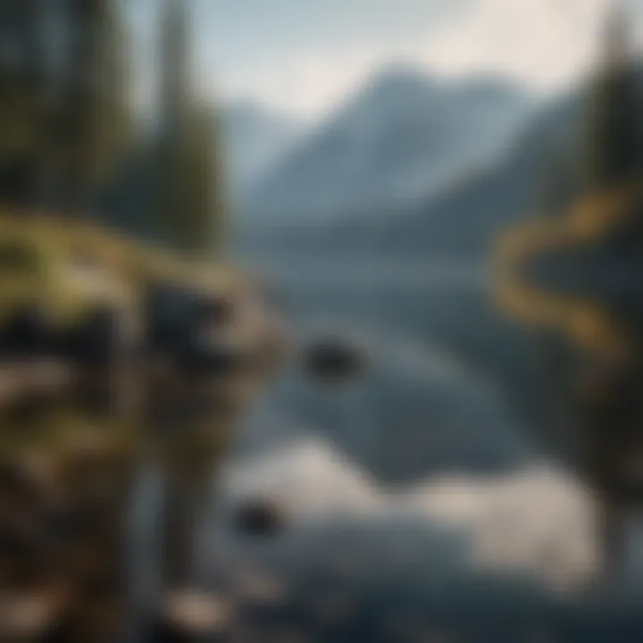 Calm lakeside with mountains in the background