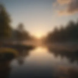 A serene morning landscape with the sun rising over a calm lake