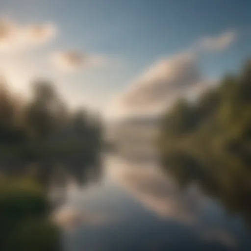 A serene landscape with a tranquil lake reflecting the sky