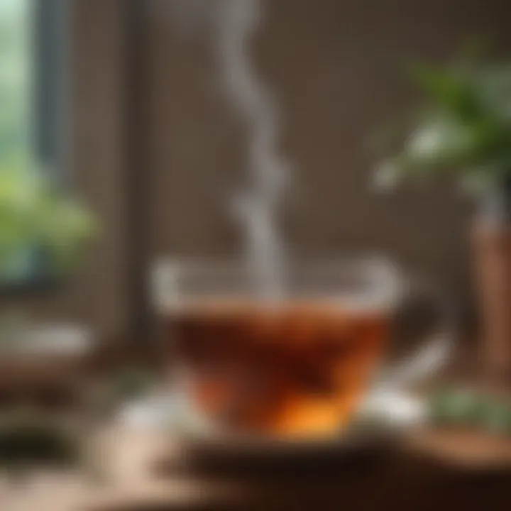 A close-up of a steaming cup of herbal tea, symbolizing relaxation and mindfulness