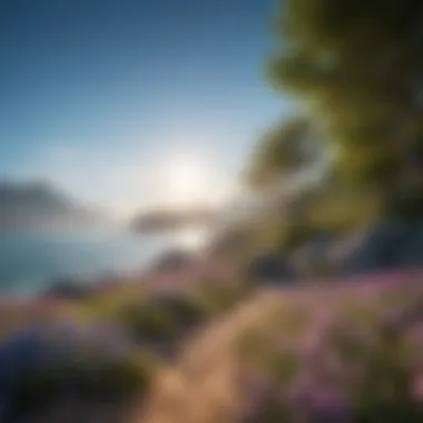 Serene Landscape of Happiness A serene landscape with vibrant flowers and a clear blue sky, symbolizing positivity