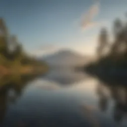 A serene landscape with a calm lake reflecting the sky