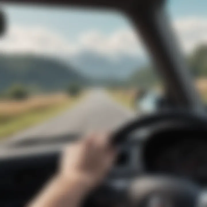 A close-up of a steering wheel with a peaceful landscape in the background