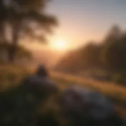 A serene sunrise over a tranquil landscape.