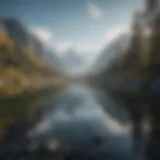 A serene landscape showcasing a peaceful lake surrounded by mountains