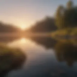 A serene landscape with a sunrise over a calm lake