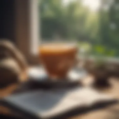 A journal with motivational quotes and a cup of tea beside it.