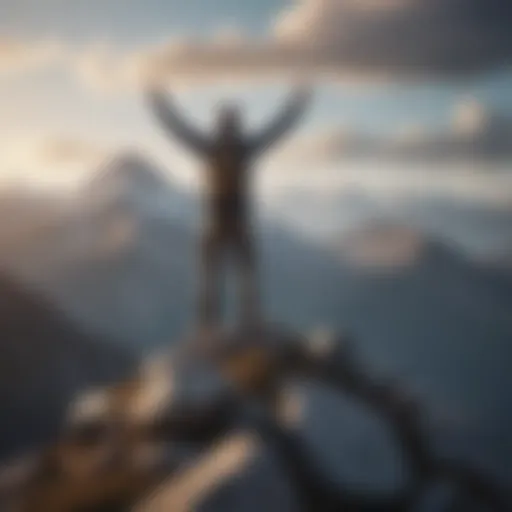 A person standing on a mountain peak, arms raised in triumph.