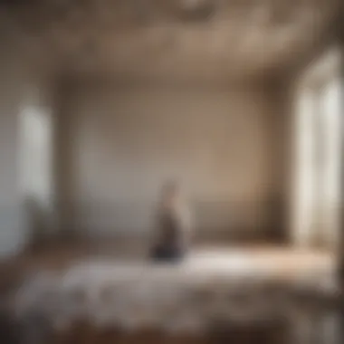 The Weight of Unexpressed Thoughts A shadowy room filled with crumpled papers and ink-stained pages