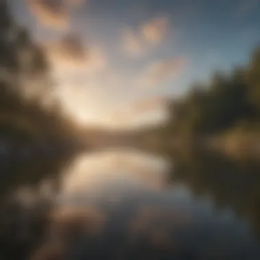 A serene landscape with a calm lake reflecting the sky