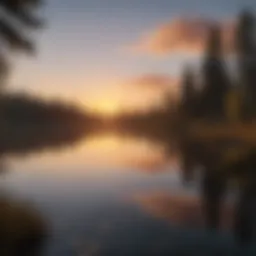Serene nature scene with a tranquil lake at sunset