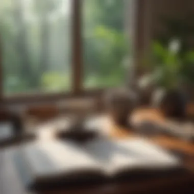 A Serene Workspace for Reflection A serene workspace with a journal and a cup of tea