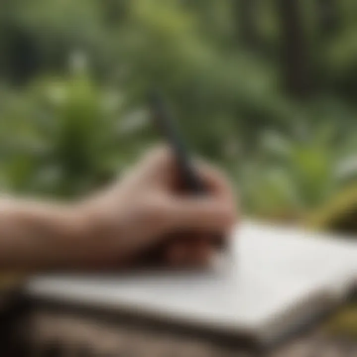 Close-up of a hand writing in a journal with nature in the background