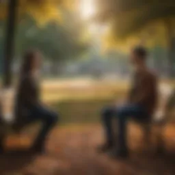 A serene park setting where individuals engage in casual conversations.