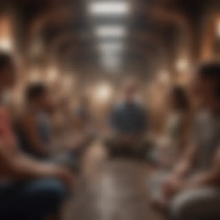 A group of individuals engaging with technology to form new social connections.