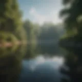 A serene landscape with a tranquil lake reflecting the sky