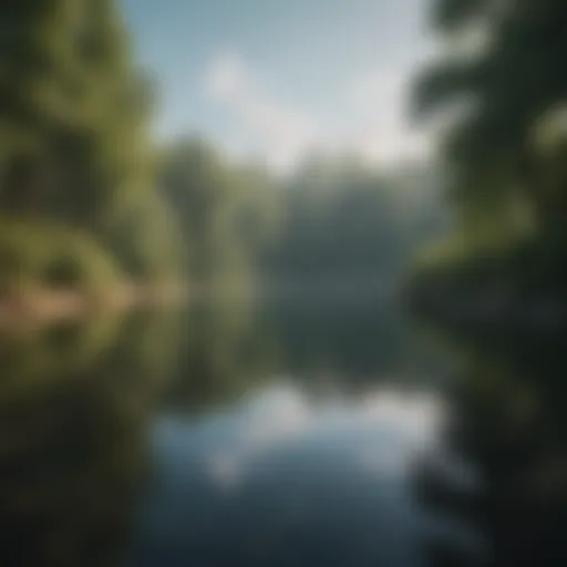 A serene landscape with a tranquil lake reflecting the sky