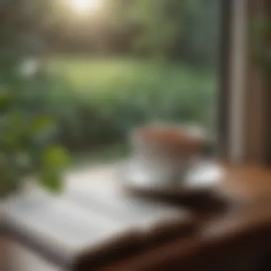 Nurturing the Mind through Reflection A tranquil setting with a cup of tea and a book, symbolizing mindfulness