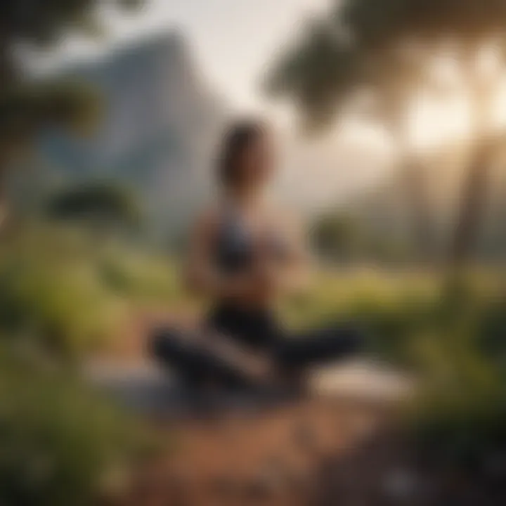 A serene landscape with a person practicing yoga amidst nature.