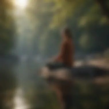 A tranquil scene of a person meditating by a lakeside, representing mindfulness.
