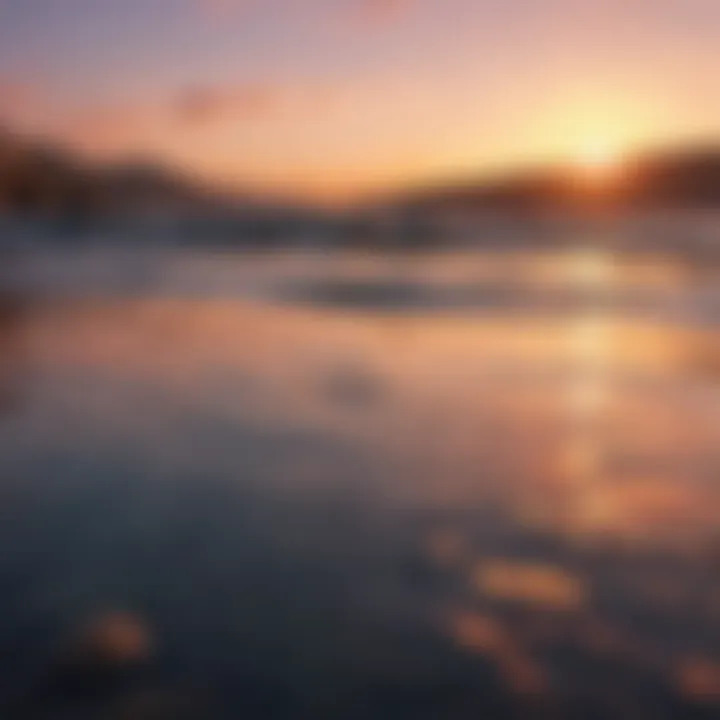 A tranquil water surface reflecting a colorful sunset