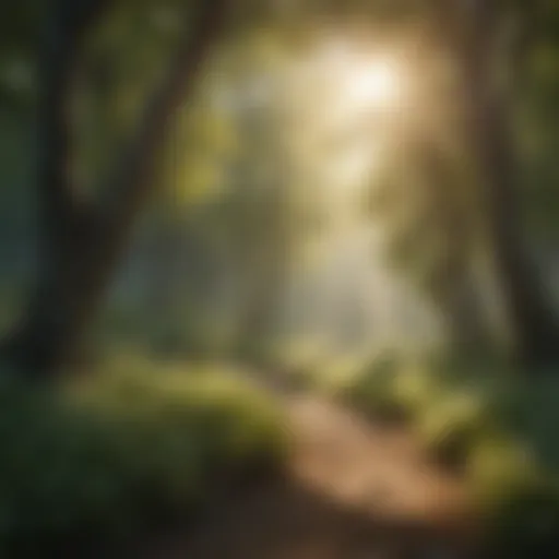 A serene landscape with soft sunlight filtering through trees, symbolizing peace and tranquility