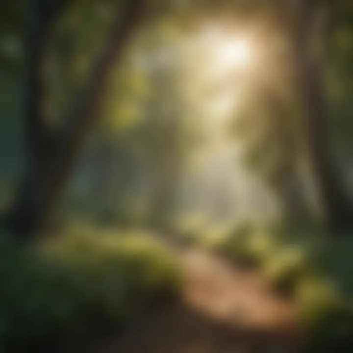 A serene landscape with soft sunlight filtering through trees, symbolizing peace and tranquility