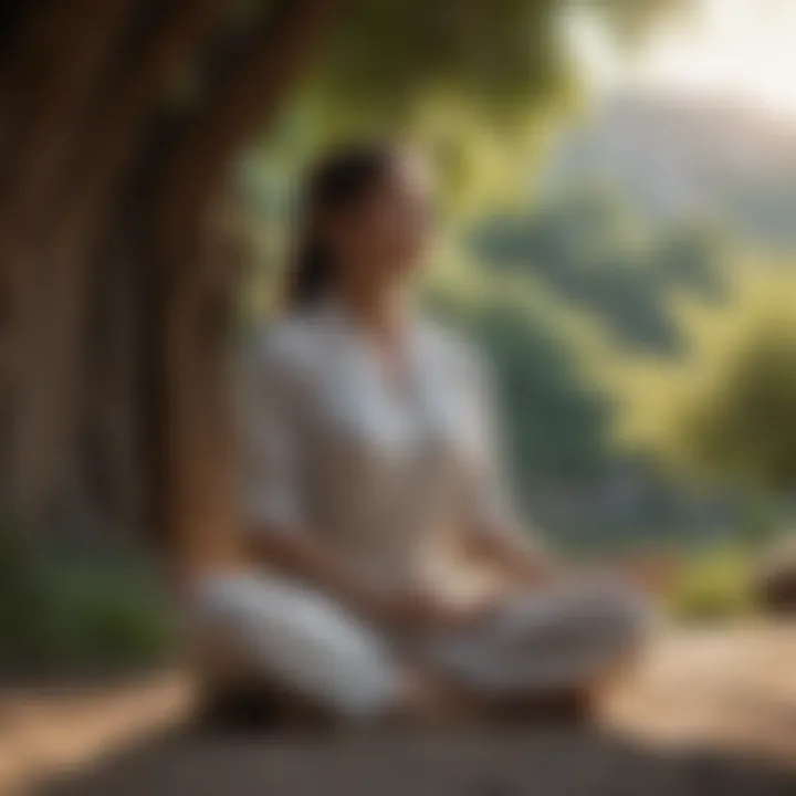 An individual meditating in a peaceful setting