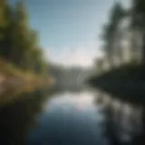 A serene landscape with a peaceful lake reflecting the sky