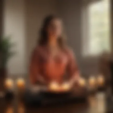 A calming meditation scene with candles and soft lighting