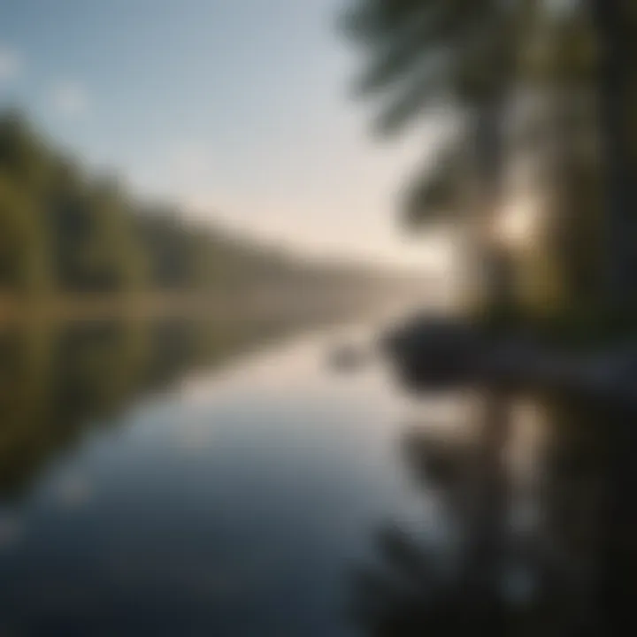 A serene landscape with a calm lake reflecting the sky