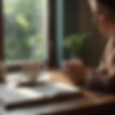 An individual engaged in mindful journaling with a cup of tea beside them.