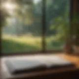 A serene scene of a journal open on a wooden desk with nature visible through a window.