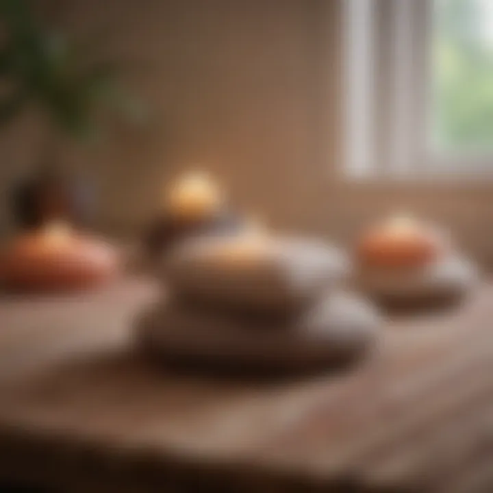 A close-up of meditation aids like cushions and candles