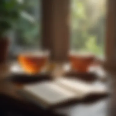 A serene setting of a cup of tea placed next to an open gratitude journal, highlighting a peaceful moment of reflection.