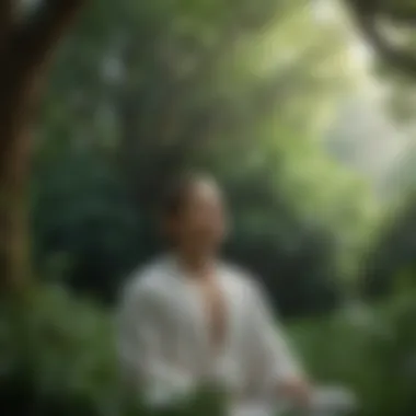 Close-up of a meditative figure surrounded by greenery