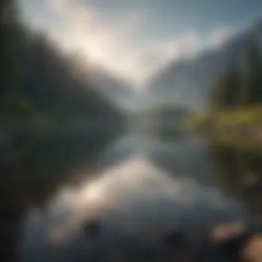A Tranquil Escape into Nature's Embrace Serene landscape with a tranquil lake reflecting mountains