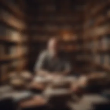 A thoughtful person surrounded by books on philosophy