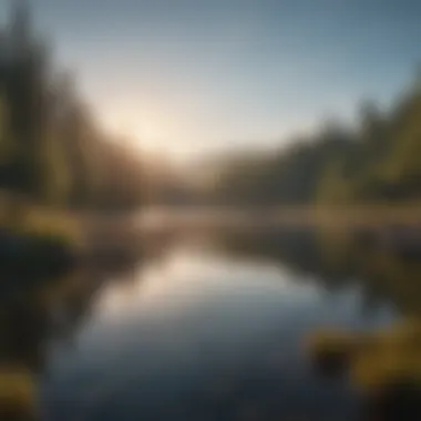 A serene landscape featuring a tranquil lake at sunrise