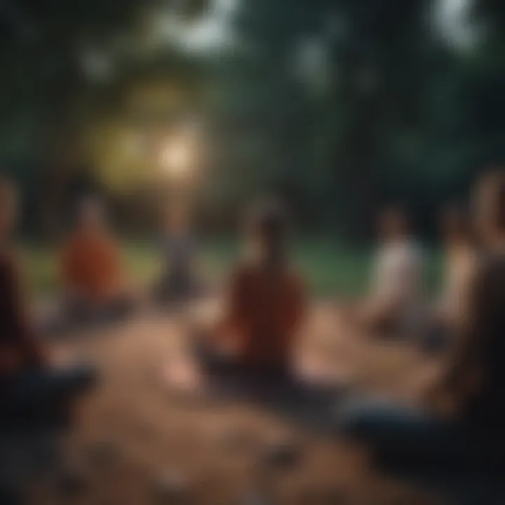 A group engaging in a collective meditation session outdoors