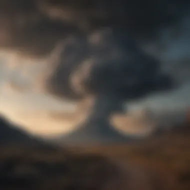 Symbol of Doom: Dark Cloud Over Landscape A dark cloud looming over a serene landscape, symbolizing the sense of doom.