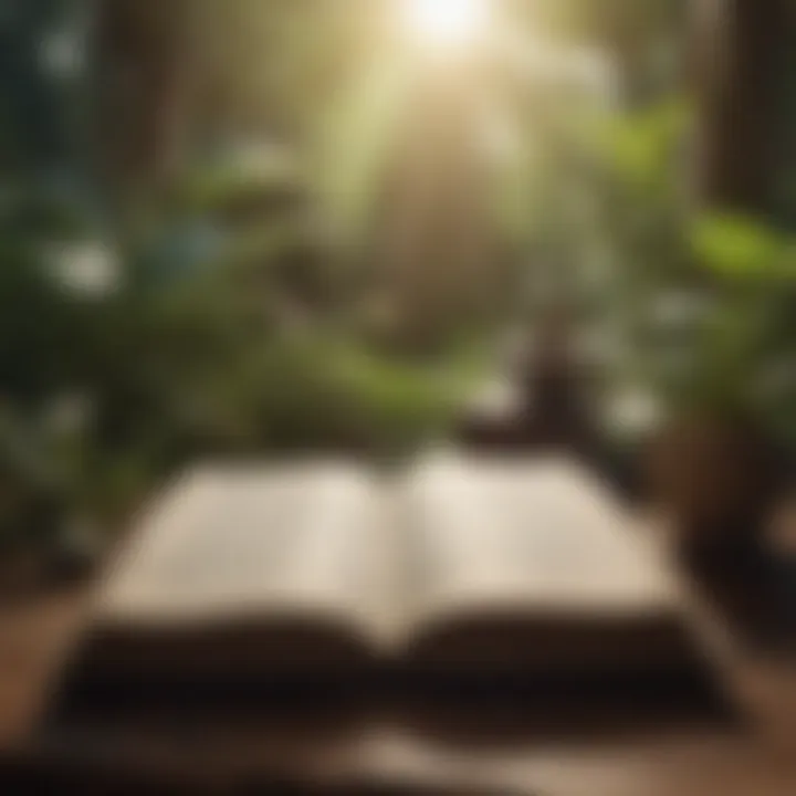 An open book with zen quotes on a wooden table surrounded by plants