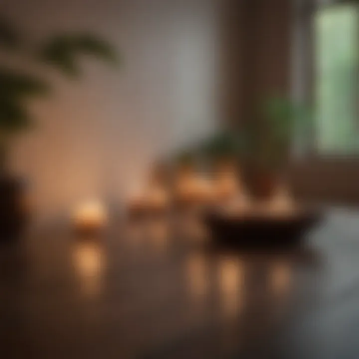 A peaceful meditation space with candles and soft lighting, inviting mindfulness.