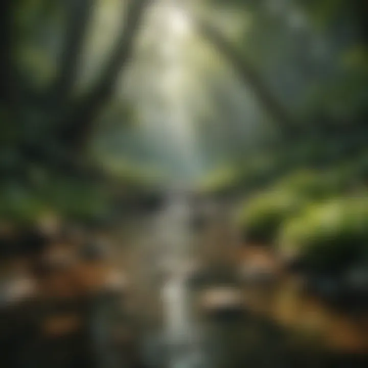 A tranquil nature scene with lush greenery and gentle streams