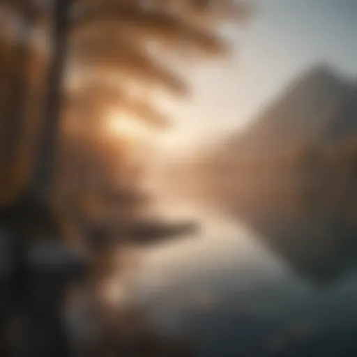 A tranquil scene of a serene lake surrounded by mountains at sunrise