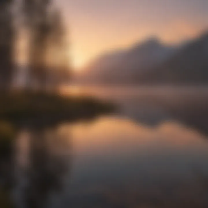 A serene landscape with a tranquil sunset over a calm lake