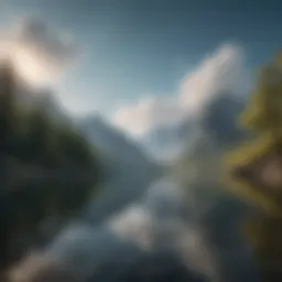 A serene landscape with mountains and a calm lake reflecting the sky