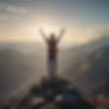 A person standing on a mountain peak with arms raised in victory